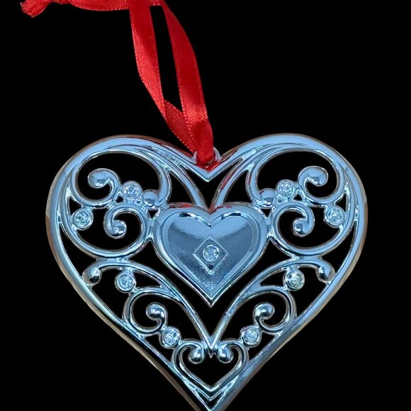 Lenox Sparkle & Scroll Heart-Crystal Ornament Silver-Tone Red Ribbon Christmas - Picture 3 of 5
